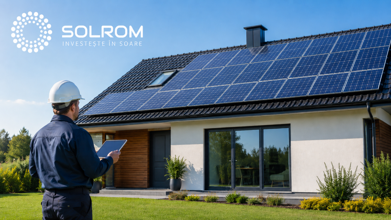 Casă modernă cu panouri fotovoltaice pe acoperiș și tehnician care verifică instalația solară